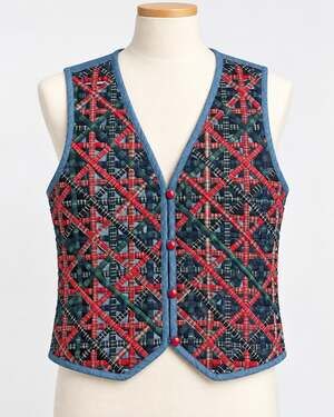 Vintage 90s Casey & Max Large Plaid Lattice Denim Vest Cottagecore Grannycore